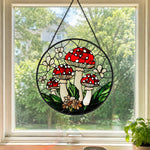 Red mushroom forest stained glass suncatcher window hanging, suitable for home and garden decoration