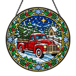 Red truck with christmas tree stained glass suncatcher window hanging, suitable for home and garden decoration