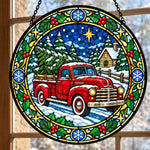 Red truck with christmas tree stained glass suncatcher window hanging, suitable for home and garden decoration