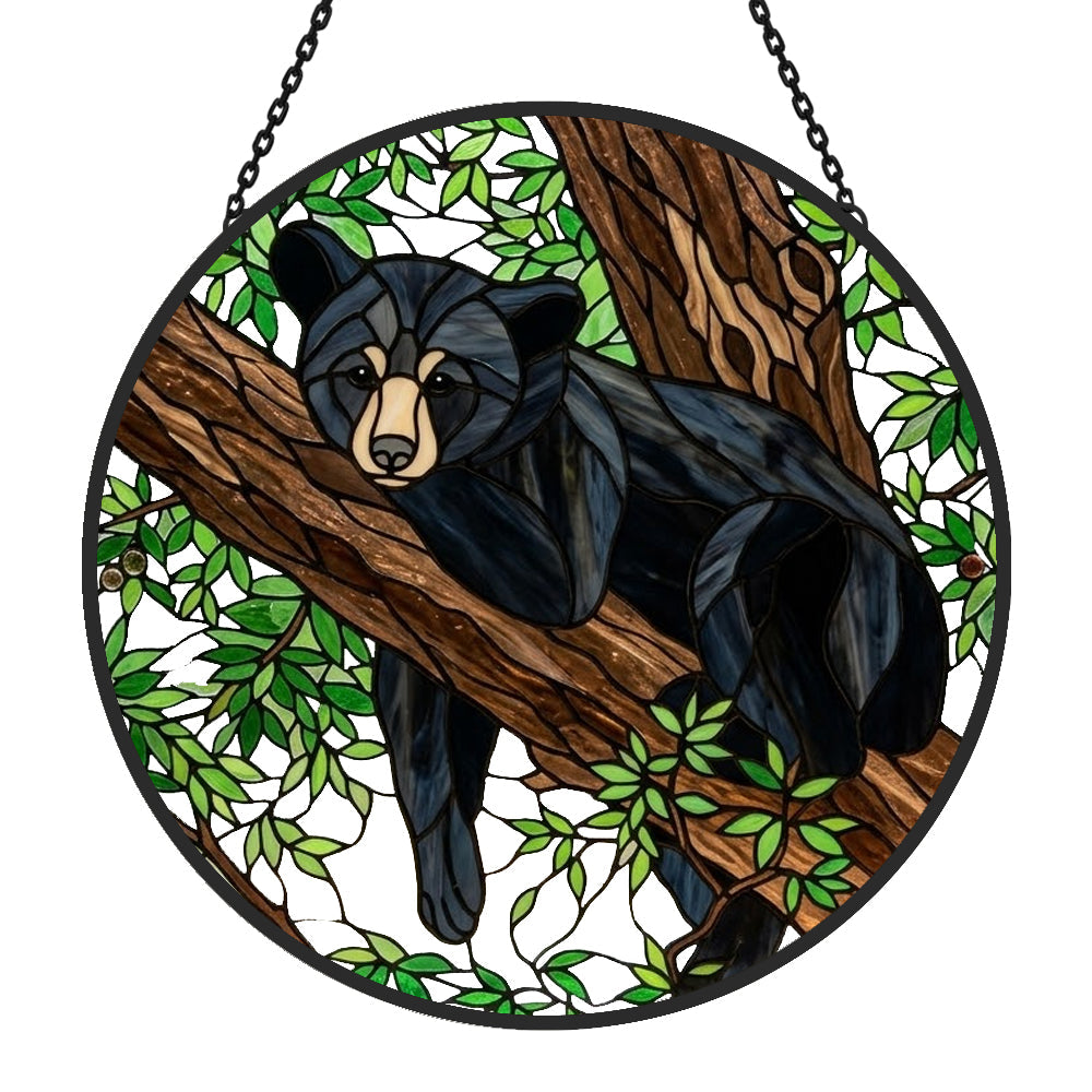 Resting woodland bear stained glass suncatcher window hanging, suitable for home and garden decoration