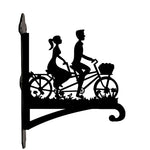 Romantic couple on tandem bicycle metal hanging basket bracket mounted on outdoor wall for plant decoration