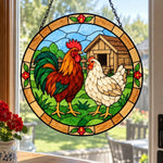 Rooster and hen stained glass suncatcher window hanging, suitable for home and garden decoration