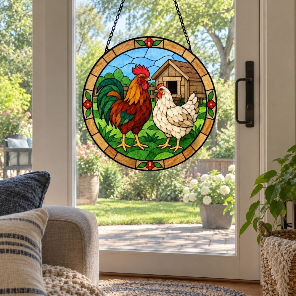 Rooster and hen stained glass suncatcher window hanging, suitable for home and garden decoration