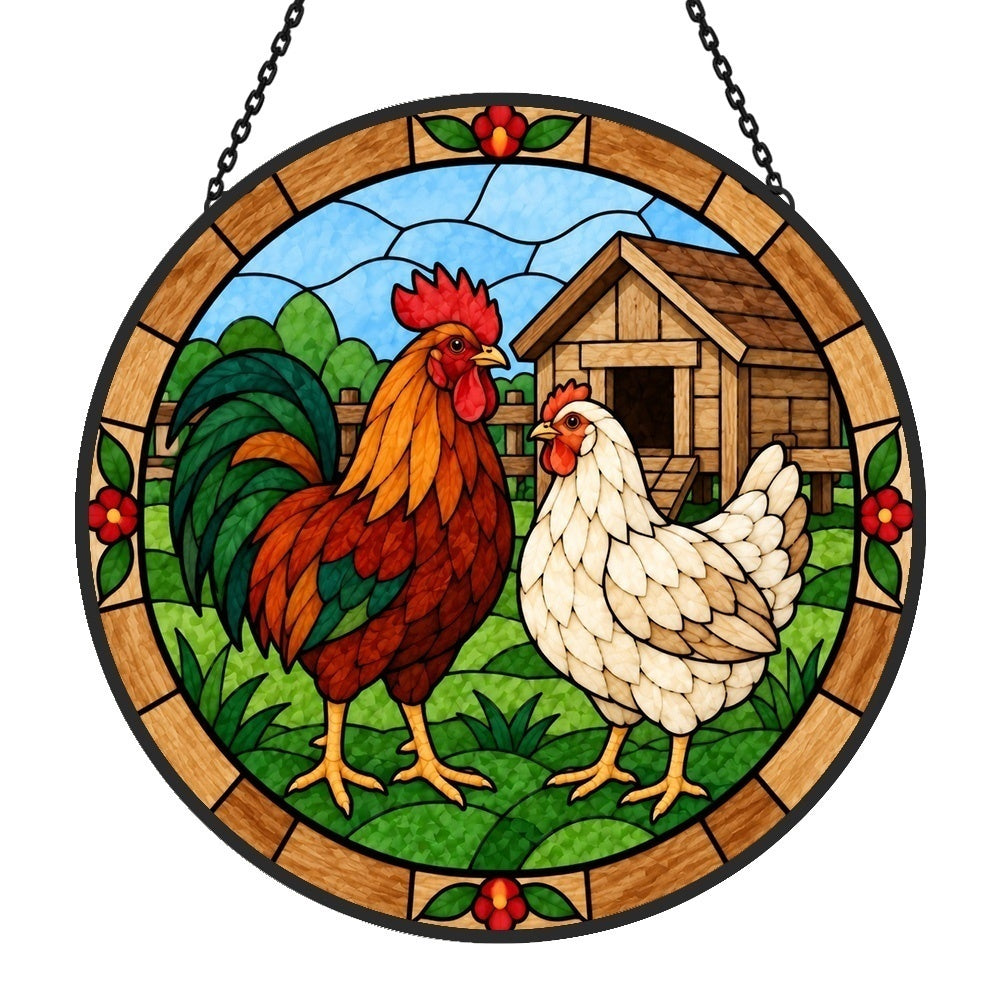 Rooster and hen stained glass suncatcher window hanging, suitable for home and garden decoration
