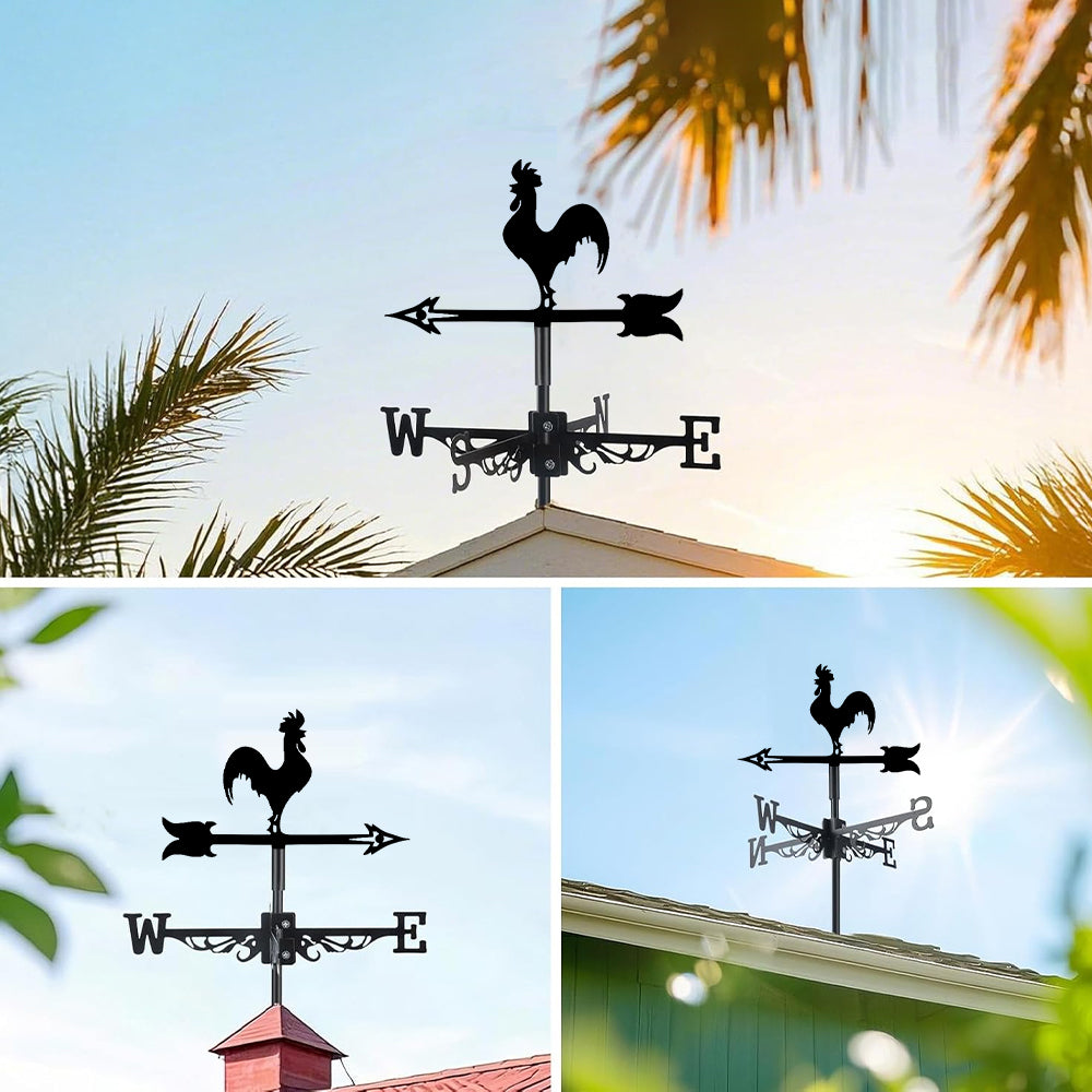 Rooster metal weather vane with directional arrows and mounting rod, outdoor roof and garden decoration