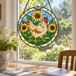 Rooster with sunflowers stained glass suncatcher window hanging, suitable for home and garden decoration