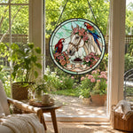 Rose white horse and parrot stained glass suncatcher window hanging, suitable for home and garden decoration