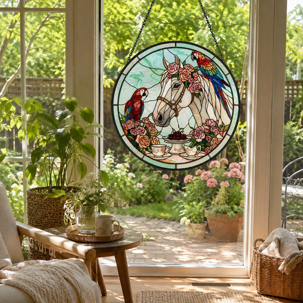 Rose white horse and parrot stained glass suncatcher window hanging, suitable for home and garden decoration