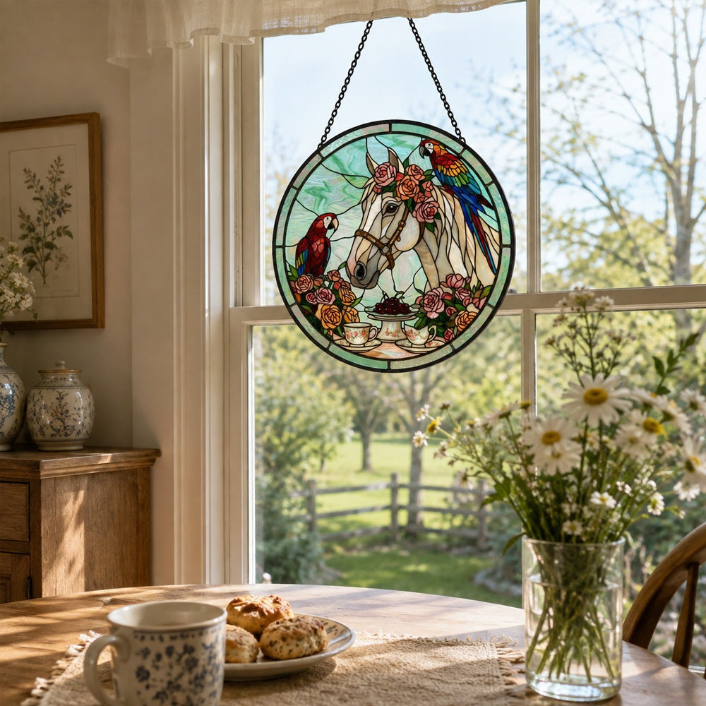 Rose white horse and parrot stained glass suncatcher window hanging, suitable for home and garden decoration