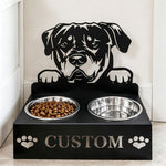 Personalized rottweiler metal dog bowl stand with custom name cutout and two removable feeding bowls