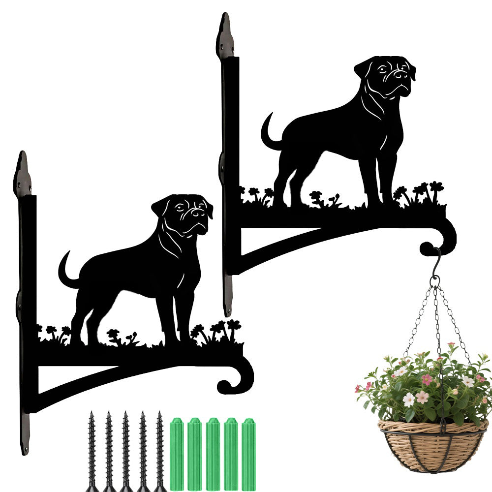 Rottweiler metal hanging basket bracket mounted on outdoor wall for plant decoration
