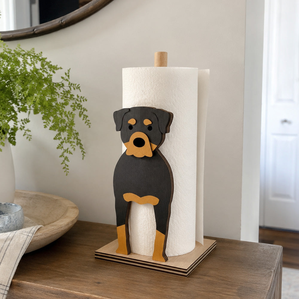 Rottweiler Wooden Dog Paper Towel Holder displayed on a kitchen countertop with a freestanding paper towel roll