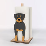 Rottweiler Wooden Dog Paper Towel Holder displayed on a kitchen countertop with a freestanding paper towel roll