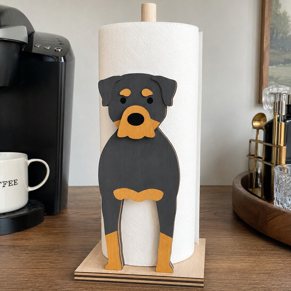 Rottweiler Wooden Dog Paper Towel Holder displayed on a kitchen countertop with a freestanding paper towel roll