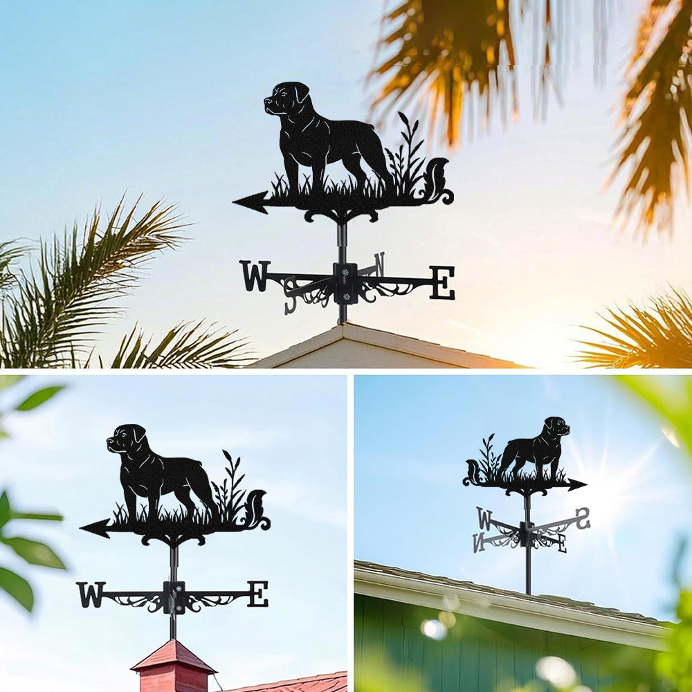 Rottweiler metal weather vane with directional arrows and mounting rod, outdoor roof and garden decoration
