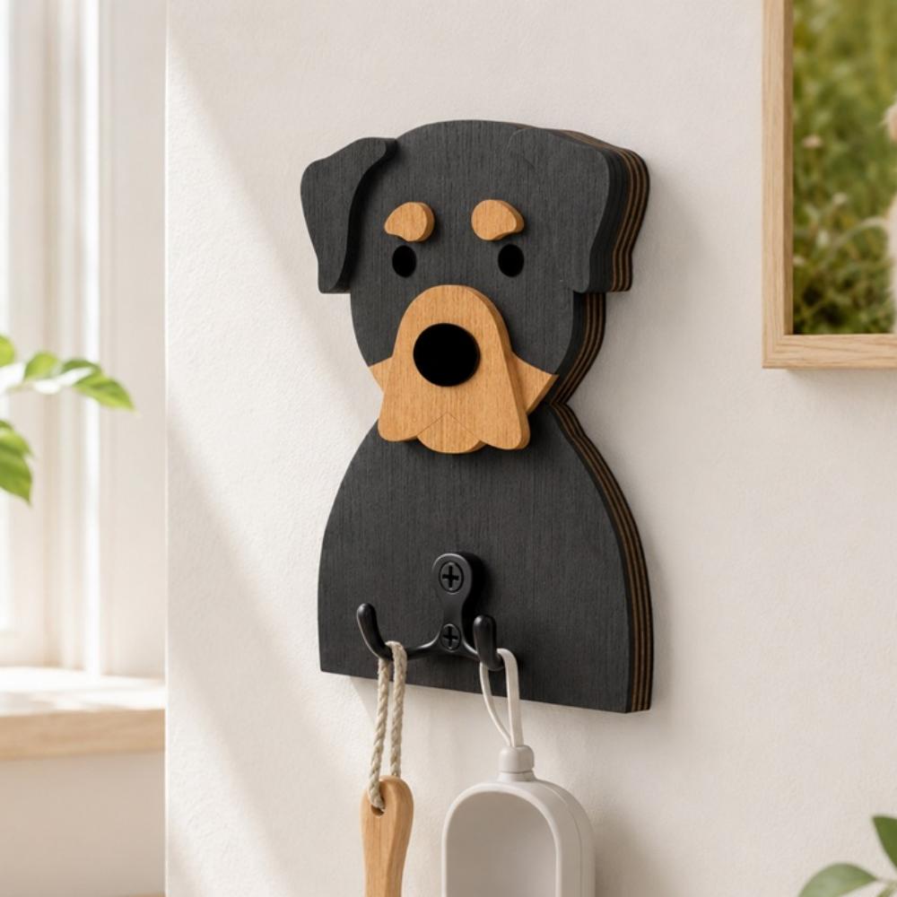 Wooden rottweiler dog wall hook key and leash holder for home entryway organizer