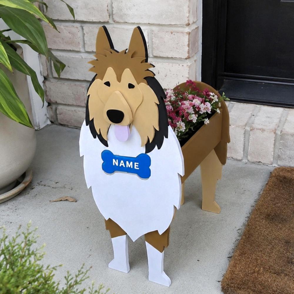 Rough Collie dog planter filled with fresh flowers is placed in the garden