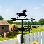 Running horse metal weather vane with directional arrows and mounting rod, outdoor roof and garden decoration