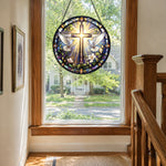 Sacred christian cross peace doves stained glass suncatcher window hanging, suitable for home and garden decoration