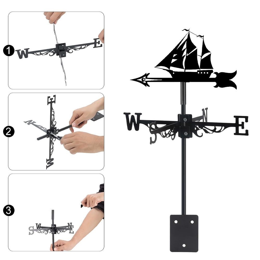 Sailing ship metal weather vane with directional arrows and mounting rod, outdoor roof and garden decoration