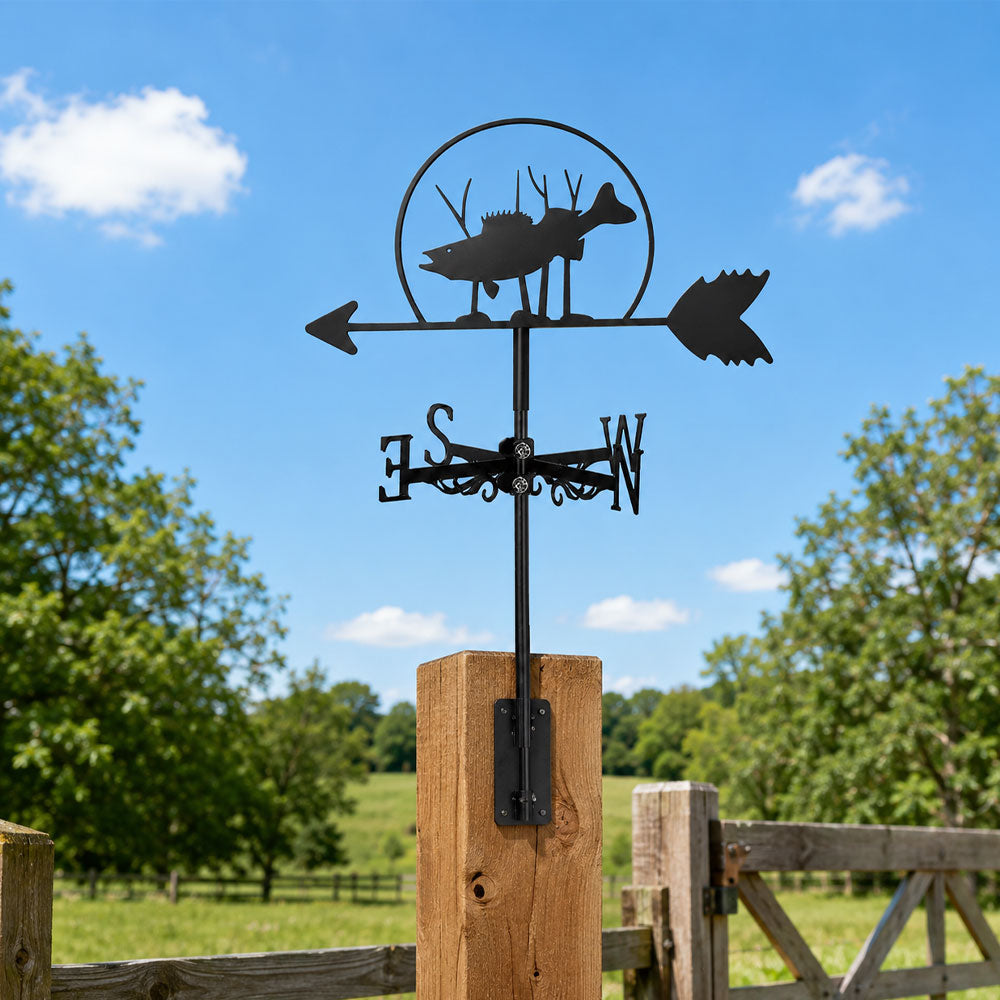 Salmon metal weather vane with directional arrows and mounting rod, outdoor roof and garden decoration