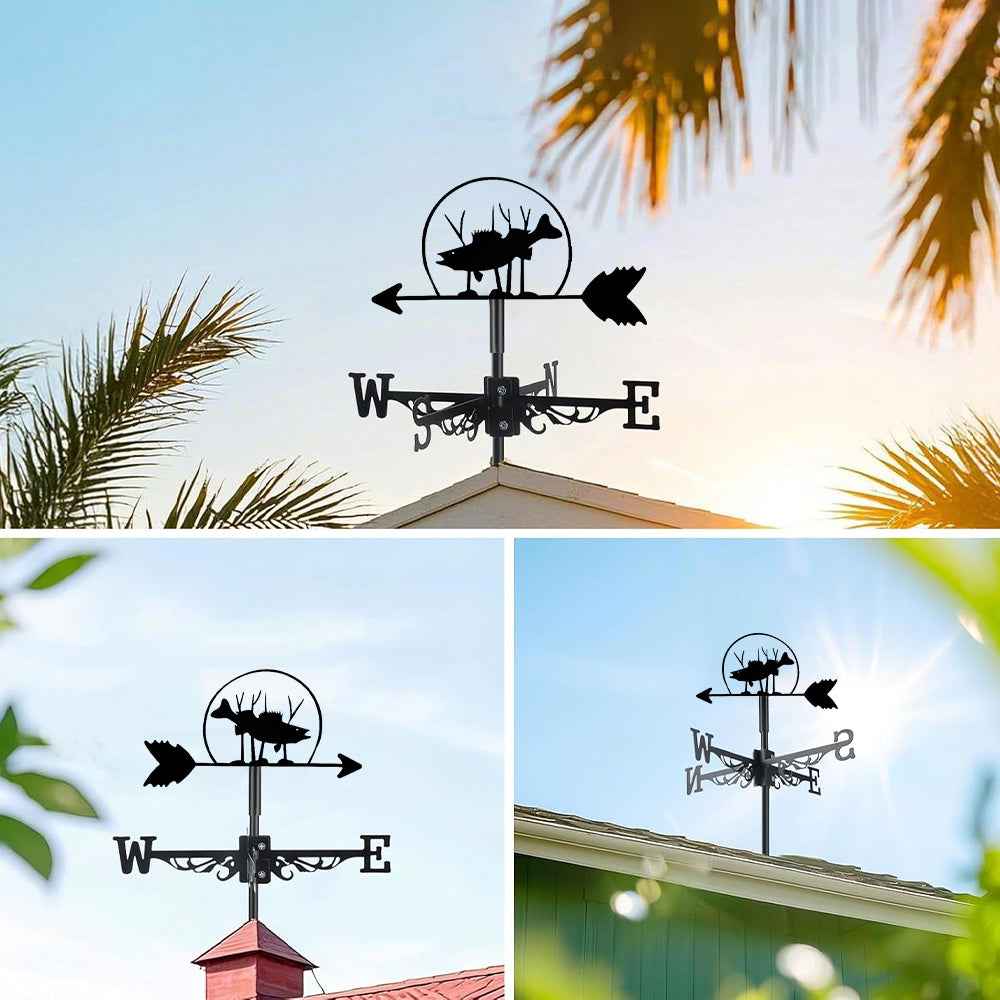 Salmon metal weather vane with directional arrows and mounting rod, outdoor roof and garden decoration