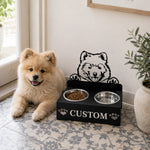 Personalized samoyed metal dog bowl stand with custom name cutout and two removable feeding bowls