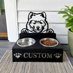 Personalized samoyed metal dog bowl stand with custom name cutout and two removable feeding bowls