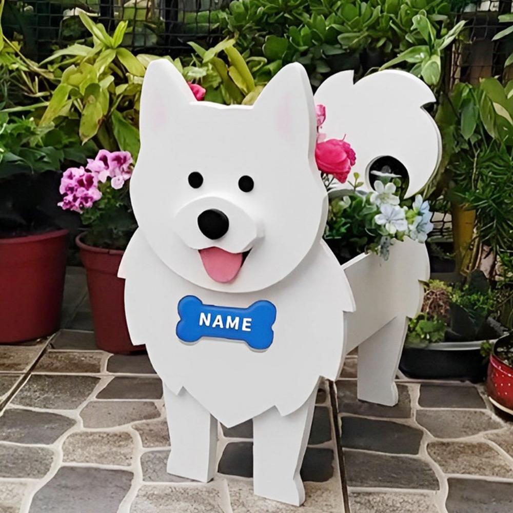 Samoyed dog planter filled with fresh flowers is placed in the garden