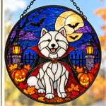 Samoyed Halloween stained glass suncatcher window hanging, suitable for home and garden decoration