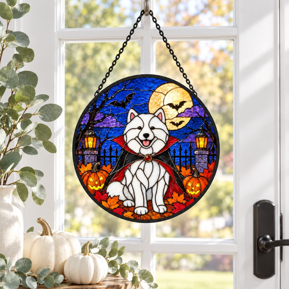 Samoyed Halloween stained glass suncatcher window hanging, suitable for home and garden decoration