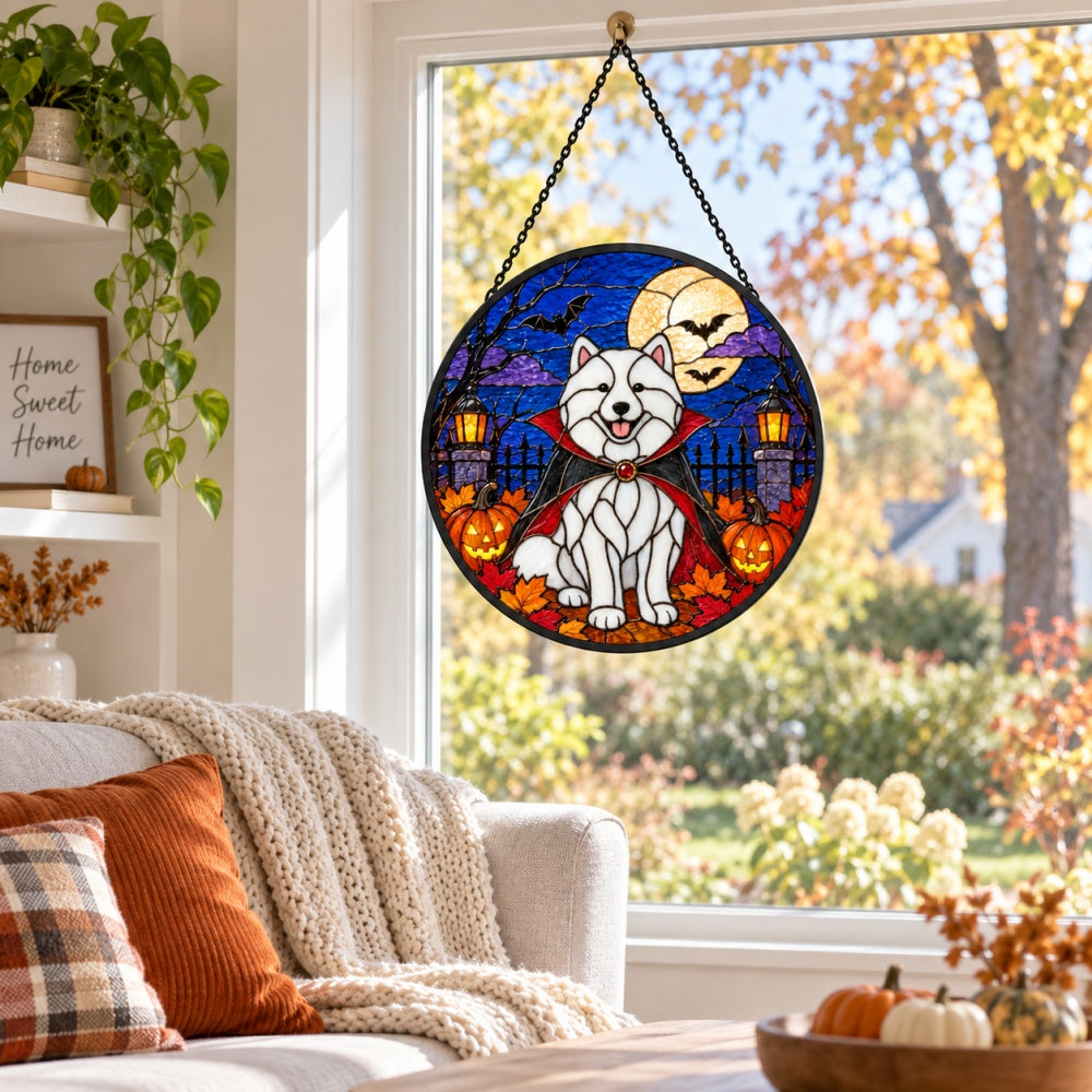 Samoyed Halloween stained glass suncatcher window hanging, suitable for home and garden decoration