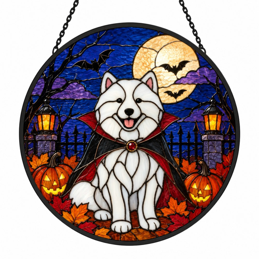 Samoyed Halloween stained glass suncatcher window hanging, suitable for home and garden decoration