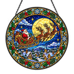 Santa claus sleigh ride stained glass suncatcher window hanging, suitable for home and garden decoration