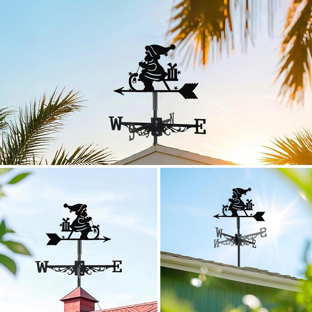 Santa rocking horse metal weather vane with directional arrows and mounting rod, outdoor roof and garden decoration