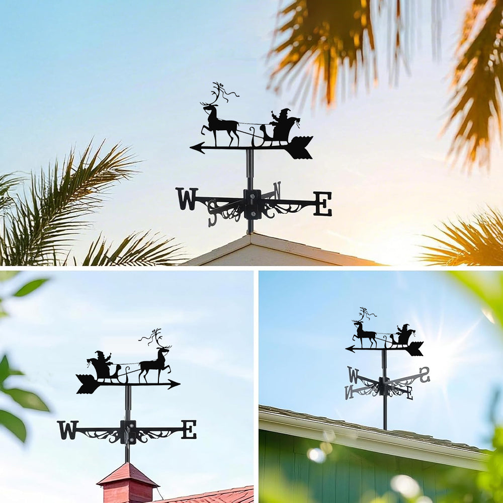 Santa sleigh reindeer metal weather vane with directional arrows and mounting rod, outdoor roof and garden decoration