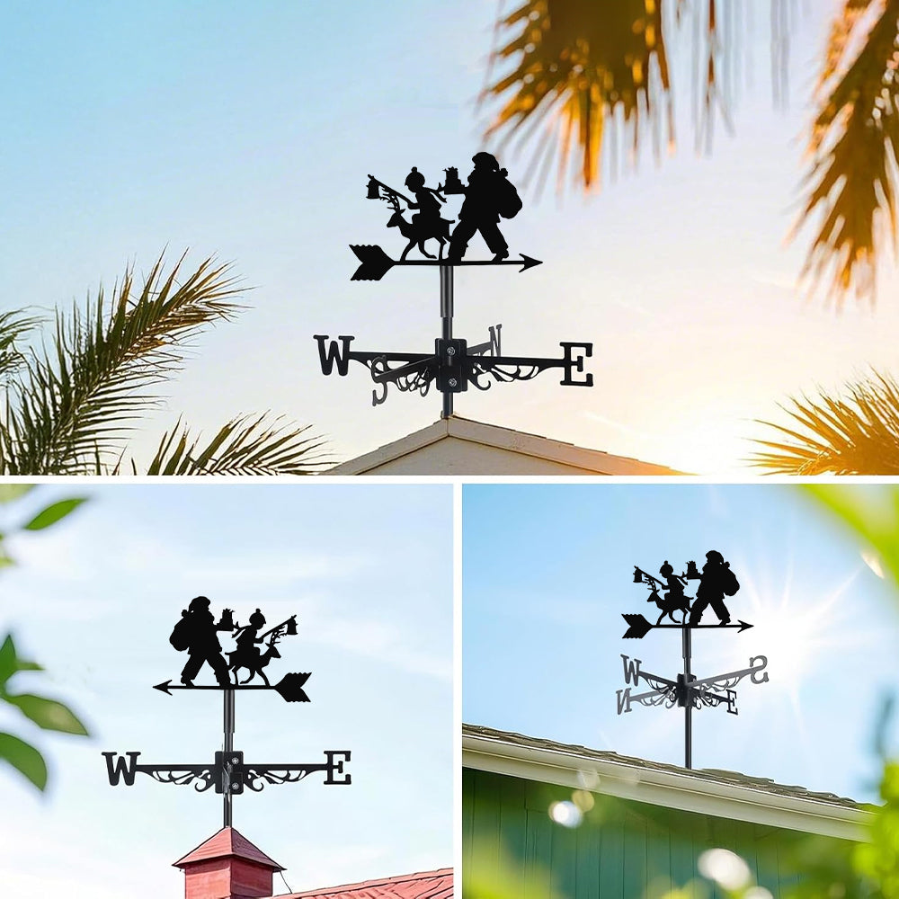 Santa with child metal weather vane with directional arrows and mounting rod, outdoor roof and garden decoration