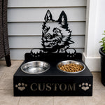 Personalized schipperke dog metal dog bowl stand with custom name cutout and two removable feeding bowls
