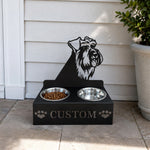 Personalized schnauzer metal dog bowl stand with custom name cutout and two removable feeding bowls