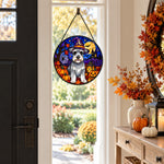 Schnauzer Halloween stained glass suncatcher window hanging, suitable for home and garden decoration