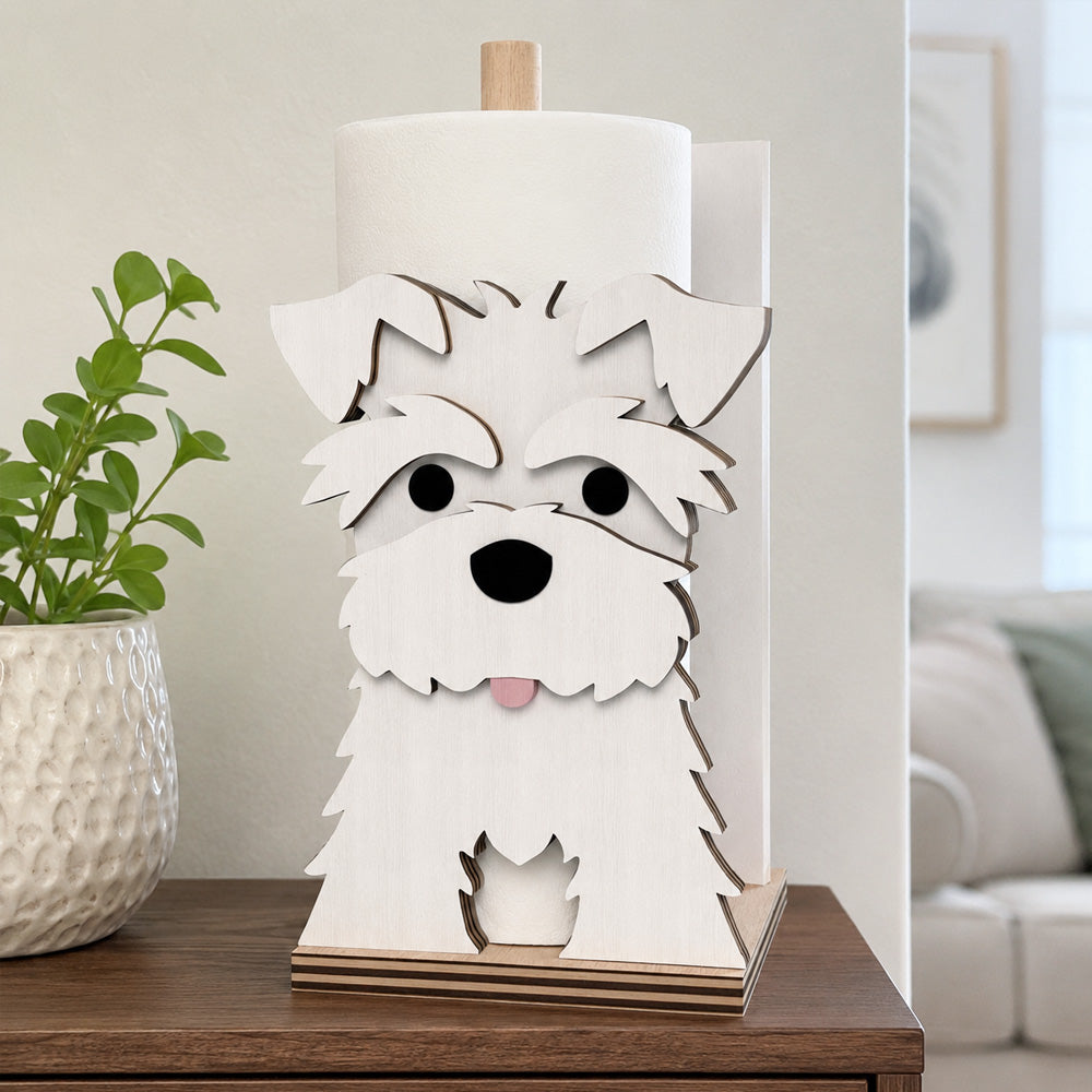 Schnauzer Wooden Dog Paper Towel Holder displayed on a kitchen countertop with a freestanding paper towel roll