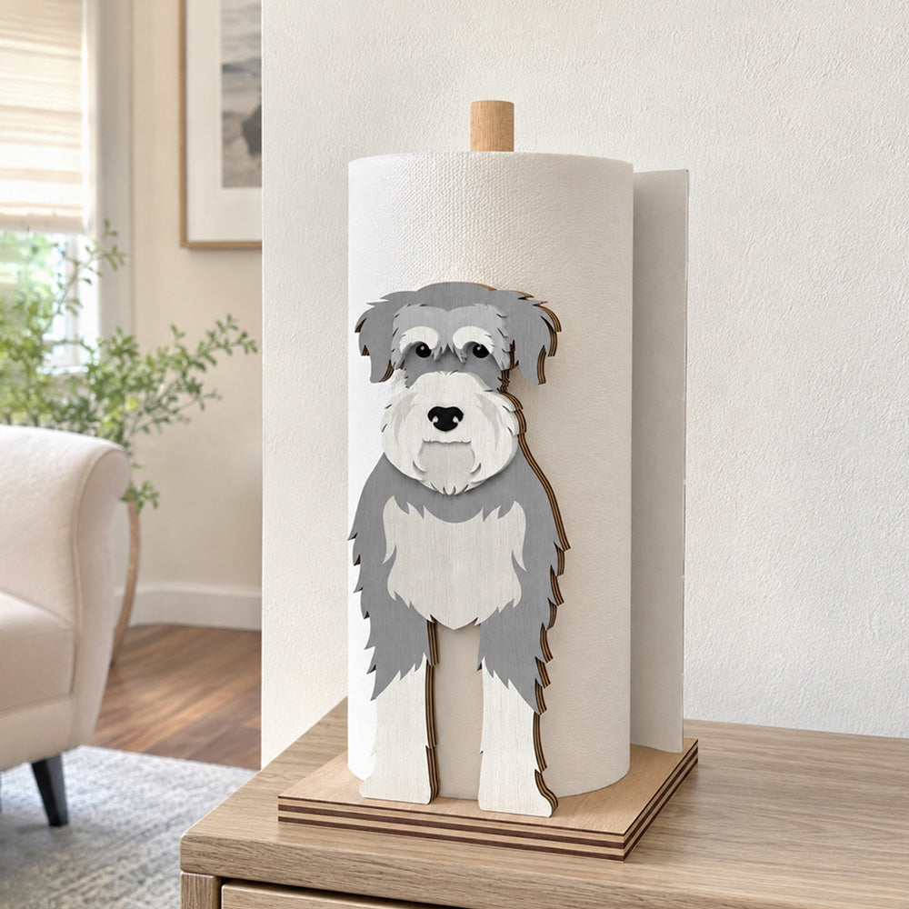 Schnauzer Wooden Dog Paper Towel Holder displayed on a kitchen countertop with a freestanding paper towel roll