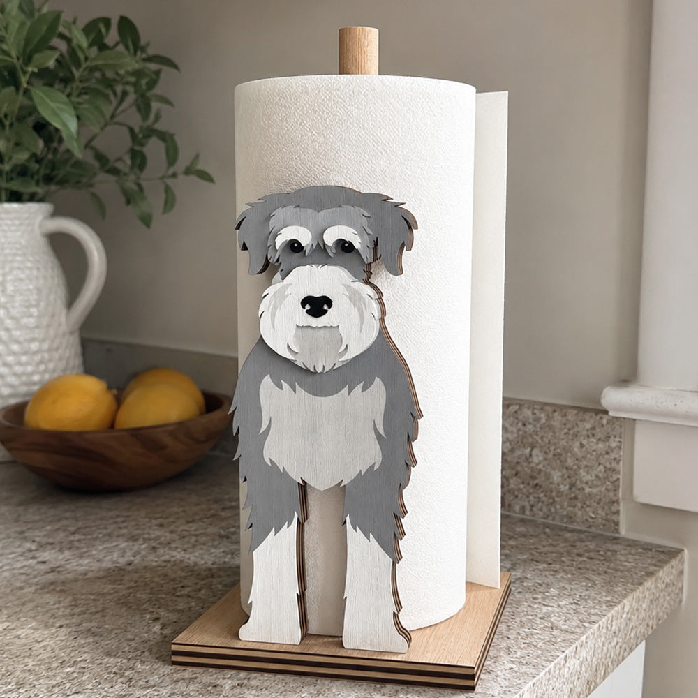 Schnauzer Wooden Dog Paper Towel Holder displayed on a kitchen countertop with a freestanding paper towel roll