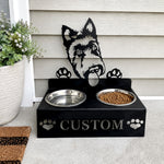 Personalized scottish terrier metal dog bowl stand with custom name cutout and two removable feeding bowls
