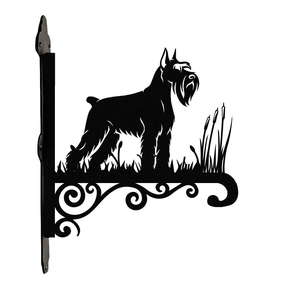 Scottish terrier metal hanging basket bracket mounted on outdoor wall for plant decoration