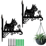 Scottish terrier metal hanging basket bracket mounted on outdoor wall for plant decoration