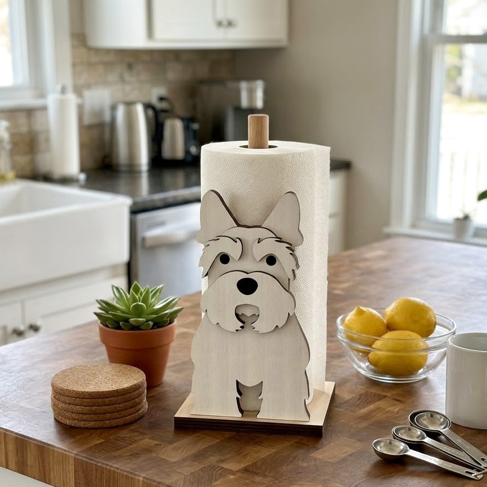 Scottish Terrier Wooden Dog Paper Towel Holder displayed on a kitchen countertop with a freestanding paper towel roll