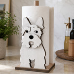 Scottish Terrier Wooden Dog Paper Towel Holder displayed on a kitchen countertop with a freestanding paper towel roll
