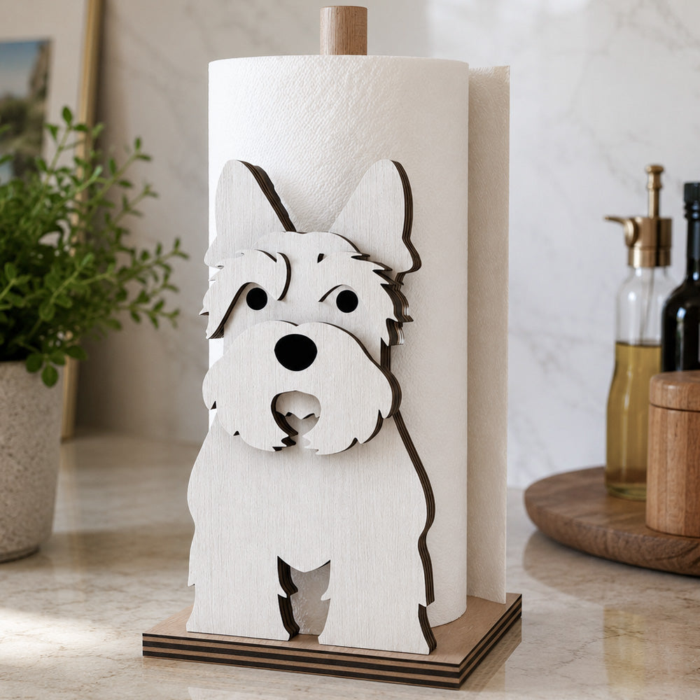 Scottish Terrier Wooden Dog Paper Towel Holder displayed on a kitchen countertop with a freestanding paper towel roll