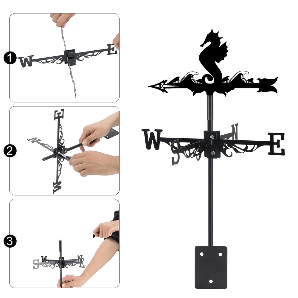Seahorse metal weather vane with directional arrows and mounting rod, outdoor roof and garden decoration